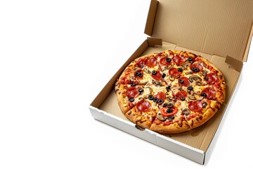 Pizza in an open cardboard box on a white background