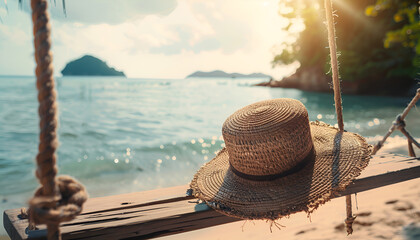 Obraz premium Summer Vacation and Holiday Trip Concept : Weave hat put on wooden swing with beautiful tropical seascape view and sunlight in background.