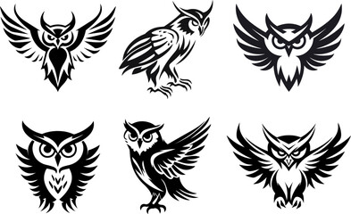 Owl Silhouette Clipart Set. Vector Illustration Isolated on white Background.	
