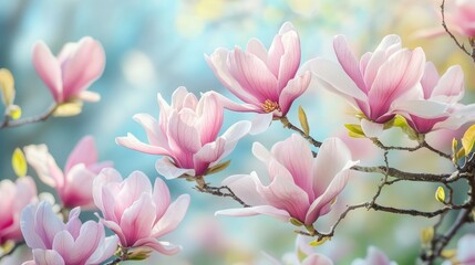 Obraz premium Pink magnolia flowers blooming in spring garden