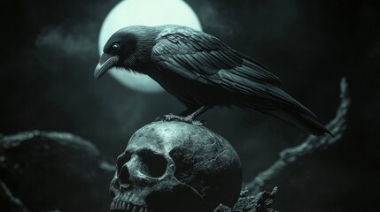 Fototapeta premium Moonlit Cartoon Crow Perched on Skull in Eerie Night