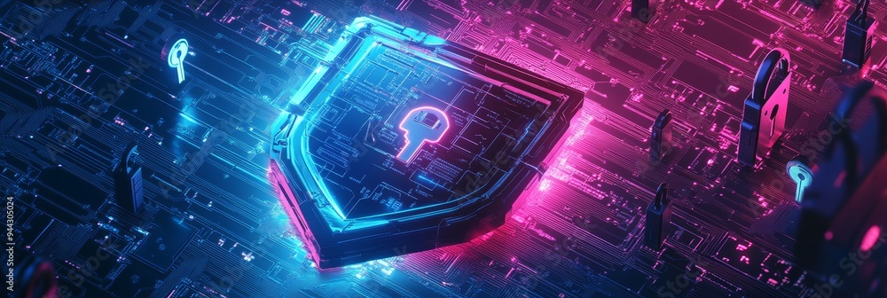 Poster Futuristic digital shield with lock and key icons on a neon circuit board background. Highlights cyber security and data protection.