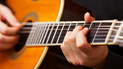 Fototapeta premium Detailed shot of hands playing an acoustic guitar, focusing on the fretboard and fingers, capturing musical expression.