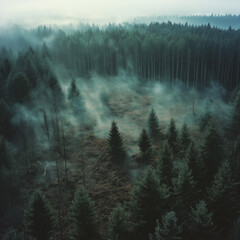 A forest with a foggy mist that covers the trees