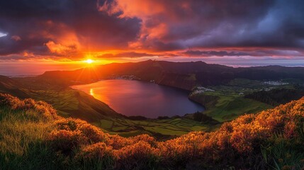 Obraz premium Green valley and Lagoa do Fogo on Azores' San Miguel island