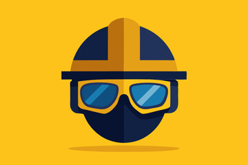 An iconographic illustration featuring a modern construction helmet and dark glasses placed on a yellow background, symbolizing safety and protection in work environments.
