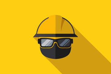 An iconographic illustration featuring a modern construction helmet and dark glasses placed on a yellow background, symbolizing safety and protection in work environments.
