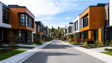A modern residential neighborhood with contemporary two-story houses featuring large windows, orange and white facades, and neatly landscaped surroundings.