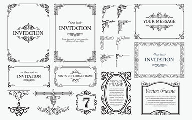Design elements set, decorative flourish border corner and frame collection for invitation, menu and page decoration