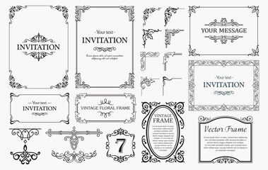 Design elements set, decorative flourish border corner and frame collection for invitation, menu and page decoration