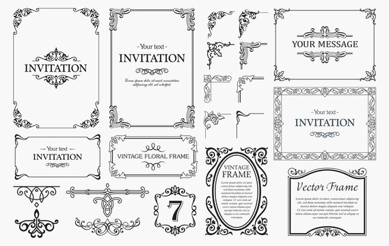 Design elements set, decorative flourish border corner and frame collection for invitation, menu and page decoration