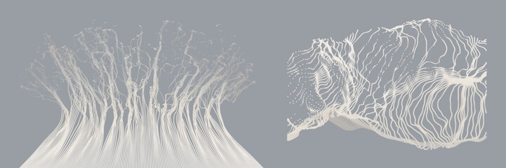 Array with dynamic emitted particles. Point explode. Water splash imitation. Abstract background. Cover design template. 3D illustration for brochure, poster, presentation, flyer or banner.