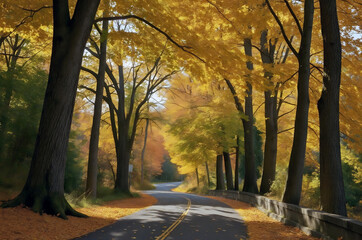 Fototapeta premium Golden Tree-Lined Path in autumn. A straight path lined with tall trees bearing golden yellow leaves stretches into the distance.