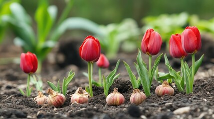 Sprouting tulip bulbs in early spring garden