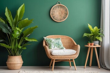 Wicker Chair and Plants in a Green Room with a Woven Wall Hanging