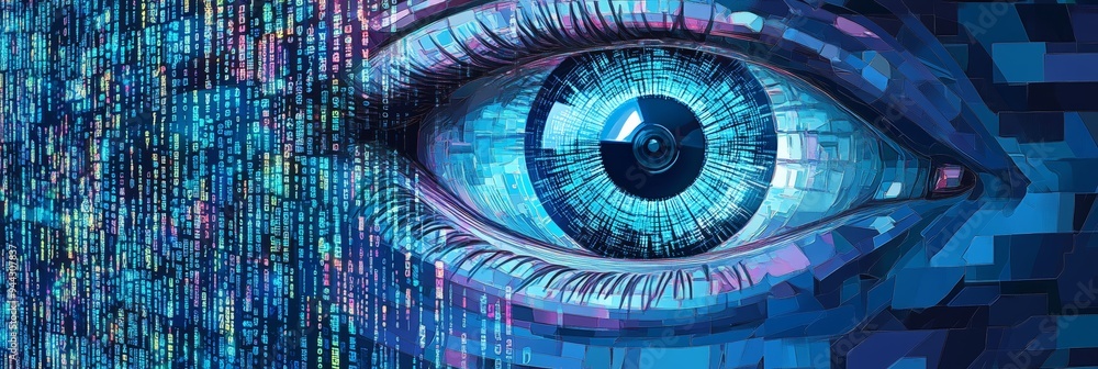 Poster Futuristic eye surrounded by digital code and data streams. Ideal for AI, cybersecurity, and data protection themes.