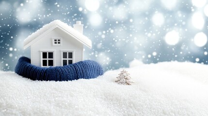 A model of a house is snugly wrapped in a scarf beside a functioning radiator, creating a warm environment on a chilly winter day