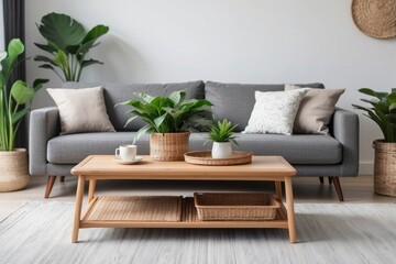 Wooden Coffee Table with Plants and a Cup in a Modern Living Room