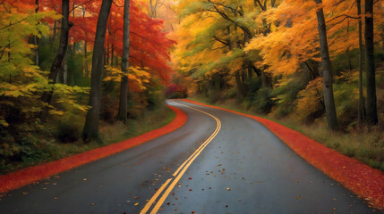 Obraz premium Autumn Road in the Forest. A long, empty road winds through a dense forest, framed by tall trees with vibrant orange and red leaves.