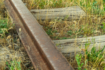 Fototapeta premium Old abandoned, unused railway line is falling into oblivion. Due to lack of maintenance, driving, the embankment is overgrown with wild grass, the sleepers are turning into dust, rails are corroding.