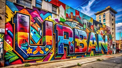 Fototapeta premium Vibrant colors bursting from a weathered urban wall, as abstract shapes and bold letters coalesce into a dynamic, rebellious street art masterpiece.