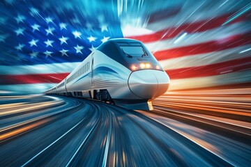 Obraz premium High speed passenger train in motion on the railway station the flag usa America patriotism stars and stripes. Modern intercity train motion blur effect. Urban scene with railroad.