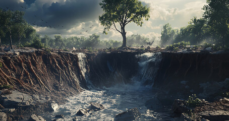 Desolate Landscape of a Dark Abyss with Eroded Cliffs