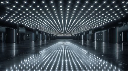 Obraz premium Futuristic hallway with a mirrored floor and a ceiling of bright LED lights, creating a sense of infinite space. Perfect for sci-fi settings and tech-themed designs.