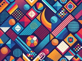 Obraz premium Vibrant geometric patterned background featuring abstract shapes and lines in bold colors, ideal for sports-themed designs, athletes, and active lifestyle visual content.