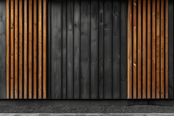 Obraz premium Modern exterior wall design featuring vertical wooden slats contrasting with black painted wood panels, creating a sleek, minimalist look.