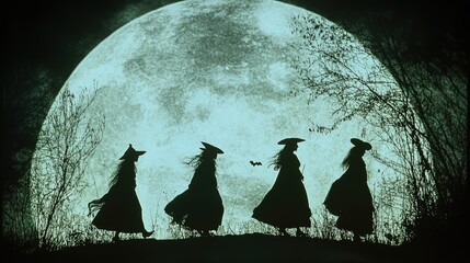 Silhouettes of witches against the night sky and huge moon, black and white retro poster style,...