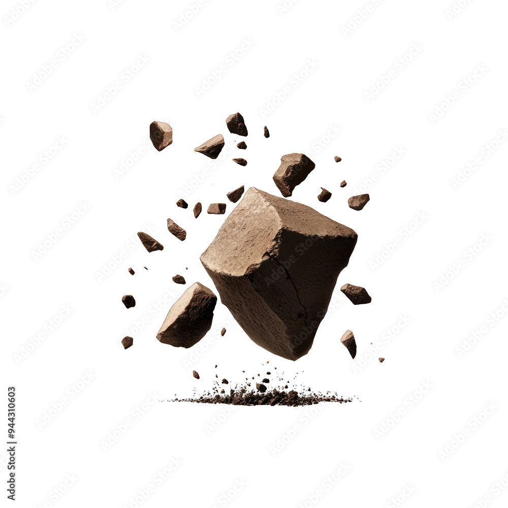 Poster a dynamic image of a rock fragment with flying debris, showcasing the beauty and texture of natural 