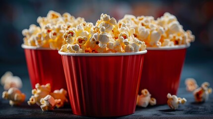Three red cups filled with freshly popped popcorn, capturing a classic movie snack moment.