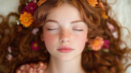 Naklejka premium A young woman with curly red hair adorned with flowers, lying peacefully with her eyes closed against a soft background