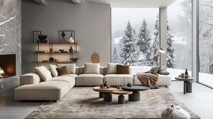 Modern living room with a large sectional sofa, neutral tones, and floor-to-ceiling windows offering a snowy forest view, blending luxury and nature.