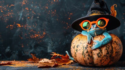 Banner with funny chameleon wearing sunglasses and witch's hat with carved Halloween pumpkin, autumn party promo background with copy space, AI generated image