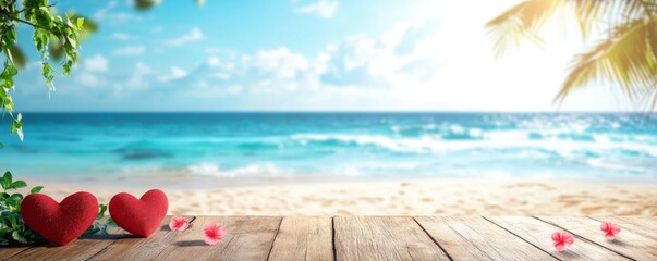 Two red hearts on a wooden table by the beach, surrounded by tropical greenery and flowers, creating a romantic and idyllic coastal setting.