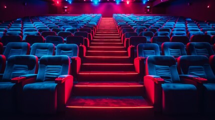 Neon-lit movie theater seats in a vibrant red and blue color scheme, creating a dramatic atmosphere. Ideal for cinema and entertainment themes.