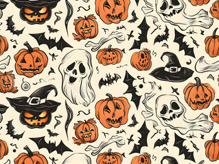 Vintage Halloween Pattern with Jack-o'-Lanterns, Witch Hats, and Flying Bats