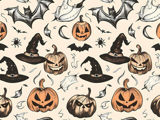 Vintage Halloween Pattern with Jack-o'-Lanterns, Witch Hats, and Flying Bats