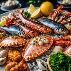 Spicy Korean Ramone with seafood, menu for various seafood dishes, closeup of lobsters and seafood on plate, delicious fresh attractive seafood dishes on the table