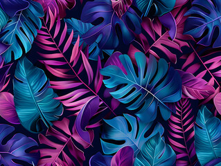 Tropical Neon Leaf Pattern with Vibrant Blues and Purples on a Dark Background