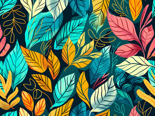 Fototapeta premium Vibrant Tropical Foliage Pattern with Bold Leaf Designs on Dark Background 