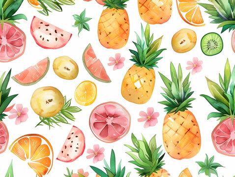 "Vibrant Watercolor Tropical Fruits and Leaves Pattern for Summer Decor" 