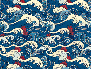 Japanese-Inspired Wave Pattern with Dynamic Ocean Waves in Seamless Design 