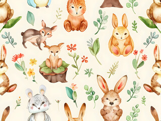 Naklejka premium Adorable Woodland Animal Pattern with Cute Forest Creatures and Nature Elements in a Soft Palette 