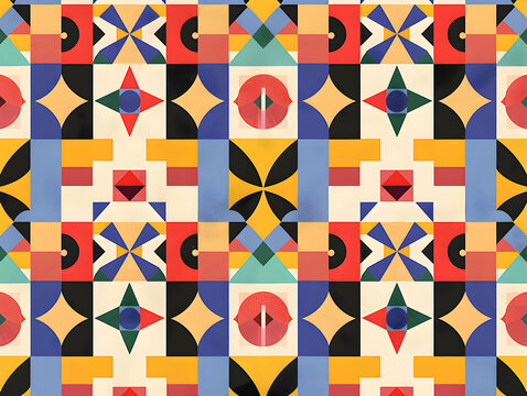 Bold Geometric Patterns with Vibrant Circles and Squares in Seamless Design 