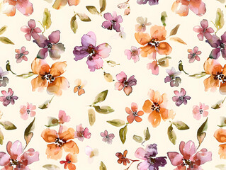 Soft Watercolor Floral Pattern with Delicate Flowers and Leaves in a Seamless Design 