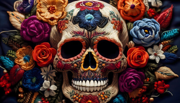 embroidery, sch&auml;del, maske, skull, dia, de, muertos, neu, close up, bunt, halloween, mexiko, fasching, vektor, kunst, abbildung, gesicht, tattoo, death, dekoration, symbol, nahtlos, rosales, pink, 3d