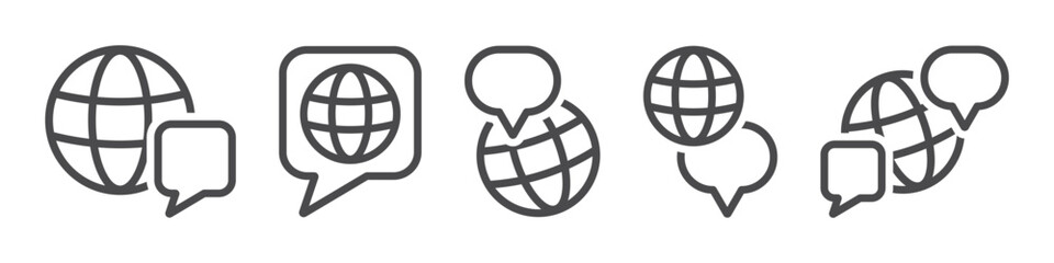 Set of language icons. Translate symbol, international communication, globe and speech bubble. Dictionary, online translator, language, choose or change language. Globe world communication. Vector. 